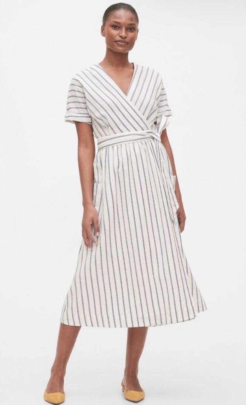 Gap Linen Blend  Stripe Short Sleeve Wrap Midi Dress Cream & Blue Womens 16 New